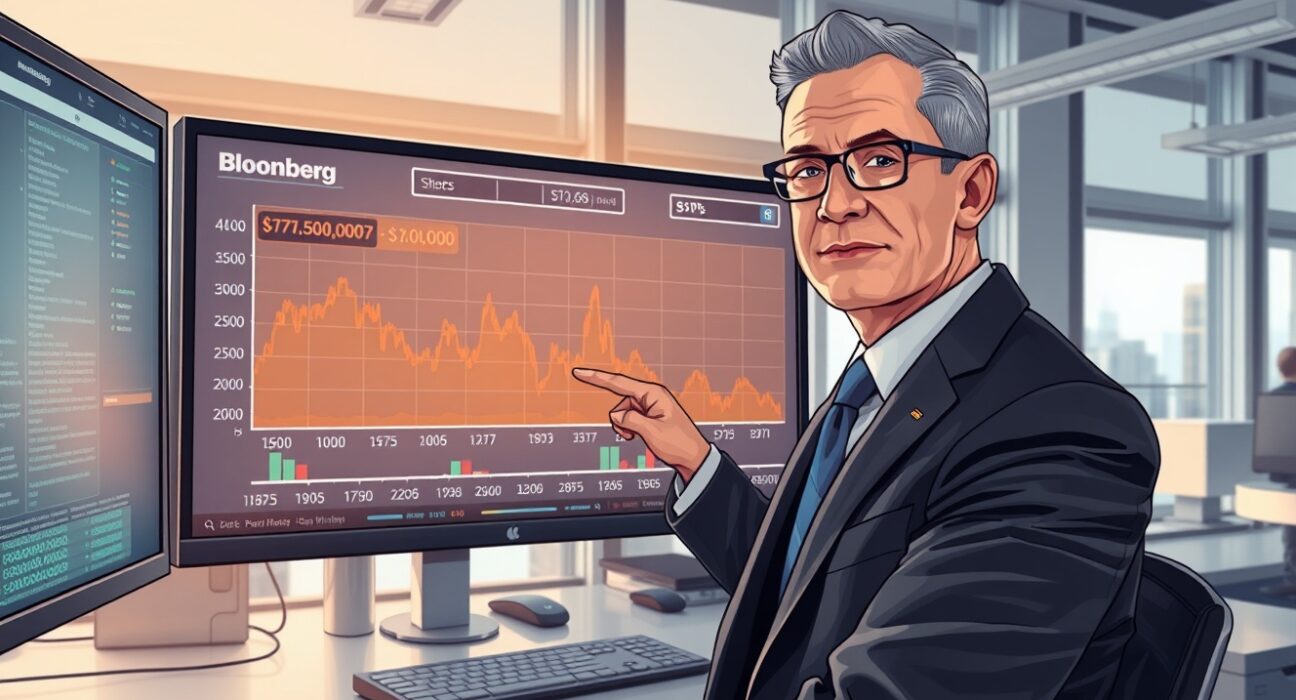 Bloomberg strategist analyzing Bitcoin price prediction showing potential drop to $10,000 in professional office setting