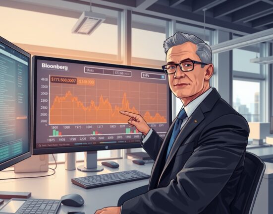 Bloomberg strategist analyzing Bitcoin price prediction showing potential drop to $10,000 in professional office setting