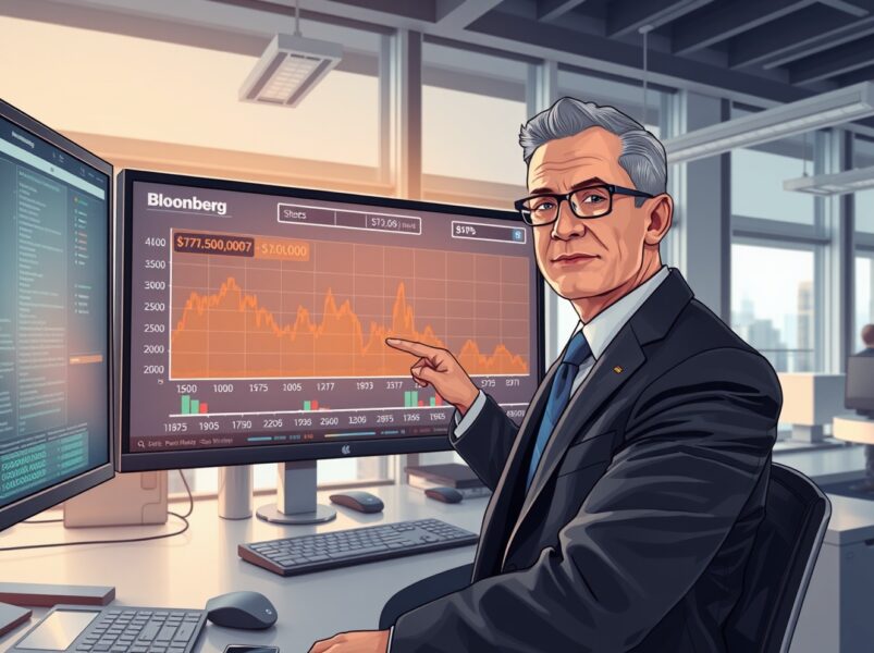 Bloomberg strategist analyzing Bitcoin price prediction showing potential drop to $10,000 in professional office setting