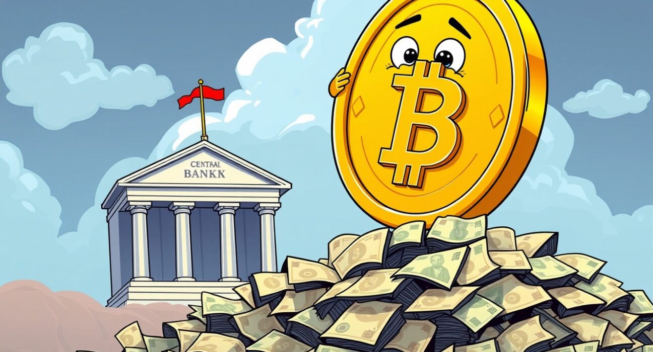 A cartoon illustrating the stunning Bitcoin price prediction as it towers over devalued currency.