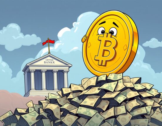 A cartoon illustrating the stunning Bitcoin price prediction as it towers over devalued currency.