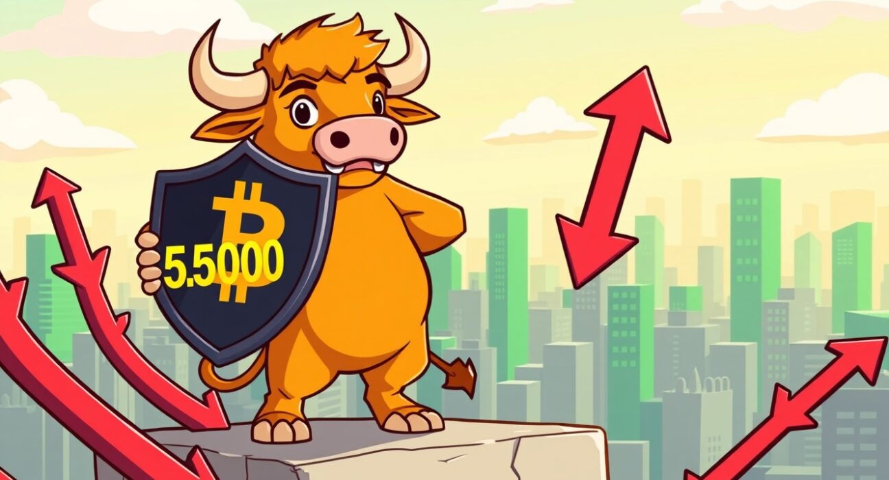 A confident cartoon bull defends the Bitcoin price prediction of a $55,000 support level against market pressure.