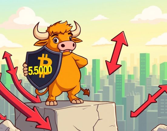 A confident cartoon bull defends the Bitcoin price prediction of a $55,000 support level against market pressure.