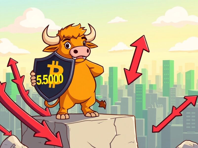 A confident cartoon bull defends the Bitcoin price prediction of a $55,000 support level against market pressure.
