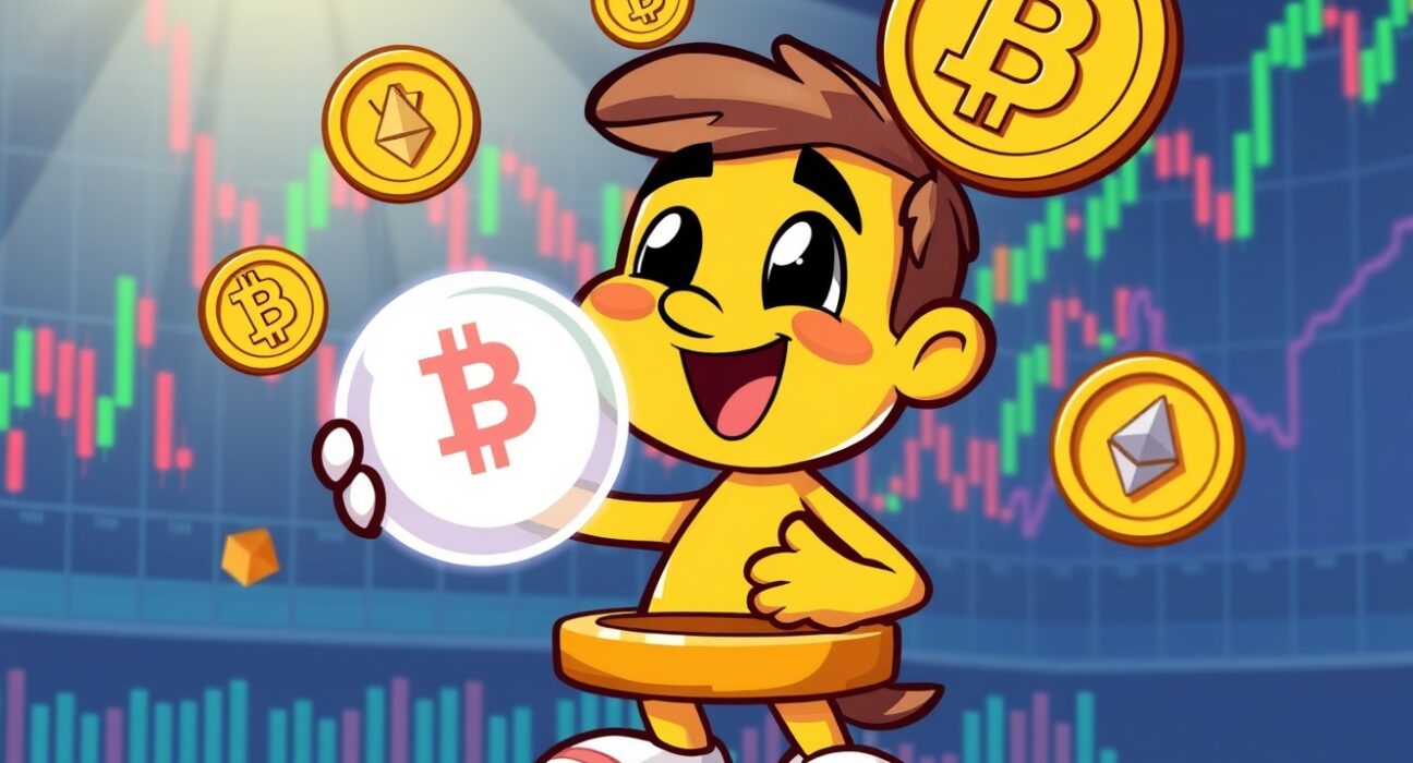 Cartoon illustration of accurate Bitcoin price prediction with cryptocurrency market elements