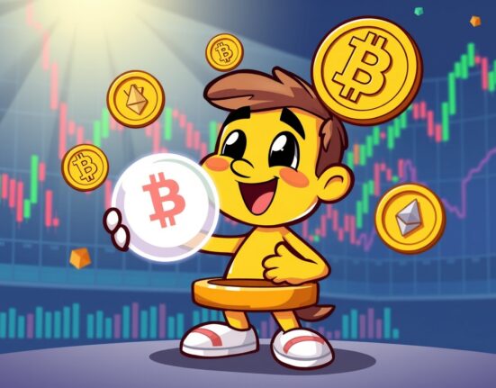 Cartoon illustration of accurate Bitcoin price prediction with cryptocurrency market elements