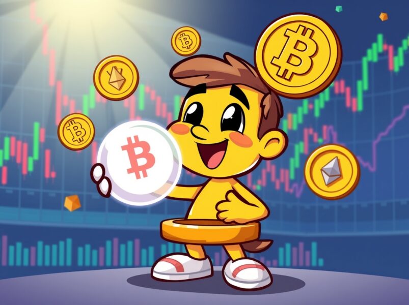 Cartoon illustration of accurate Bitcoin price prediction with cryptocurrency market elements