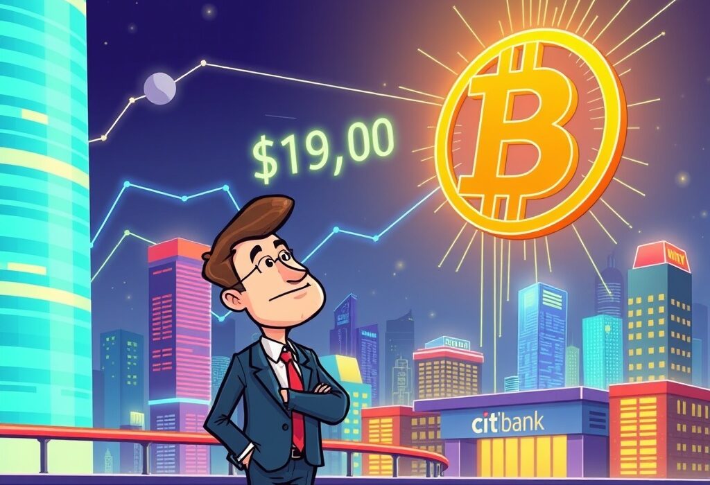 A cartoon illustration of a confident financial analyst observing a soaring Bitcoin symbol, representing Citibank's optimistic Bitcoin price prediction.