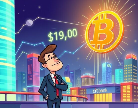 A cartoon illustration of a confident financial analyst observing a soaring Bitcoin symbol, representing Citibank's optimistic Bitcoin price prediction.