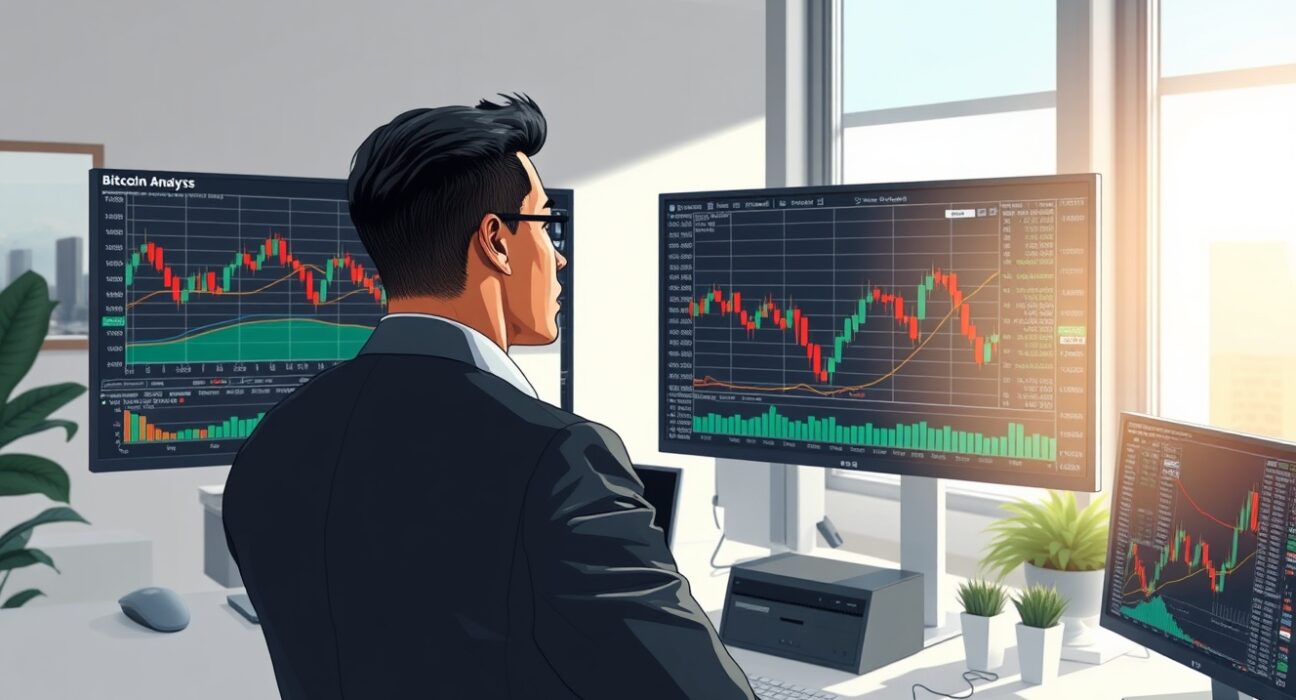 Financial analyst examining Bitcoin price charts for cryptocurrency market prediction