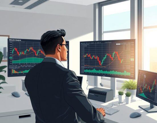 Financial analyst examining Bitcoin price charts for cryptocurrency market prediction