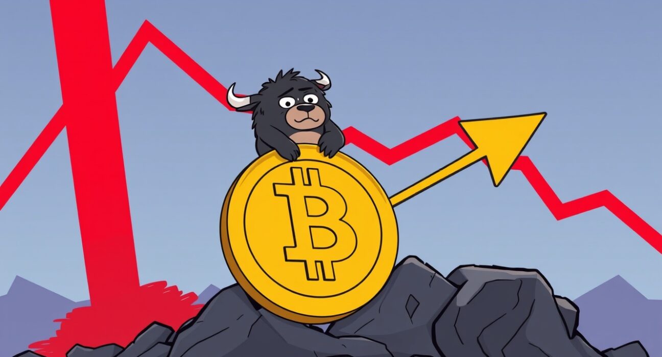 A cartoon illustration of a volatile Bitcoin price prediction showing a bull and bear in conflict.