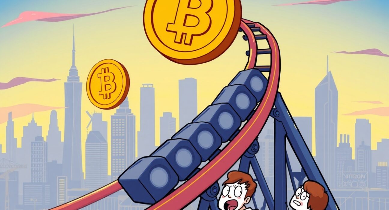 Bitcoin price prediction rollercoaster showing market volatility and potential downturn