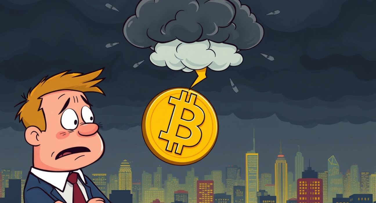 A cartoon image illustrating a dire Bitcoin price prediction, showing BTC falling and market fear gripping investors.