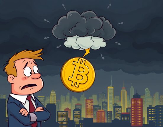 A cartoon image illustrating a dire Bitcoin price prediction, showing BTC falling and market fear gripping investors.