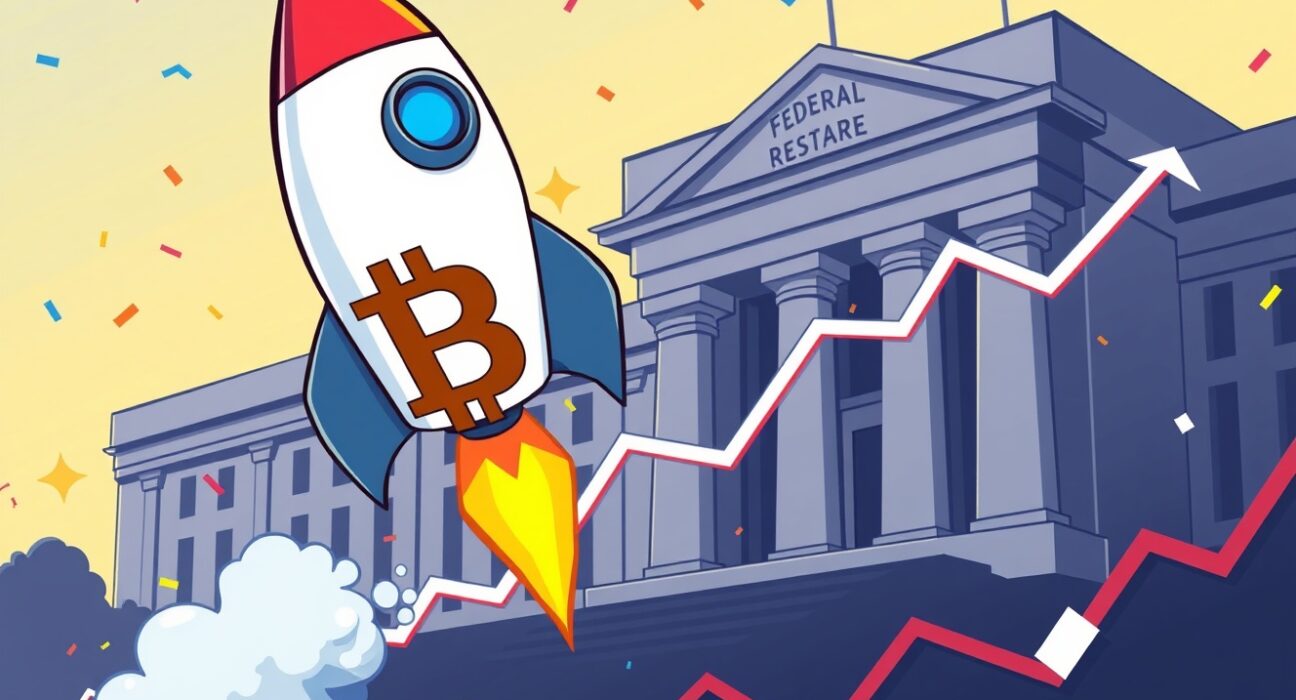 Bitcoin price prediction illustrated as a rocket launch fueled by Federal Reserve policy.