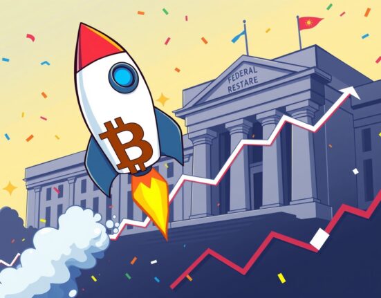Bitcoin price prediction illustrated as a rocket launch fueled by Federal Reserve policy.