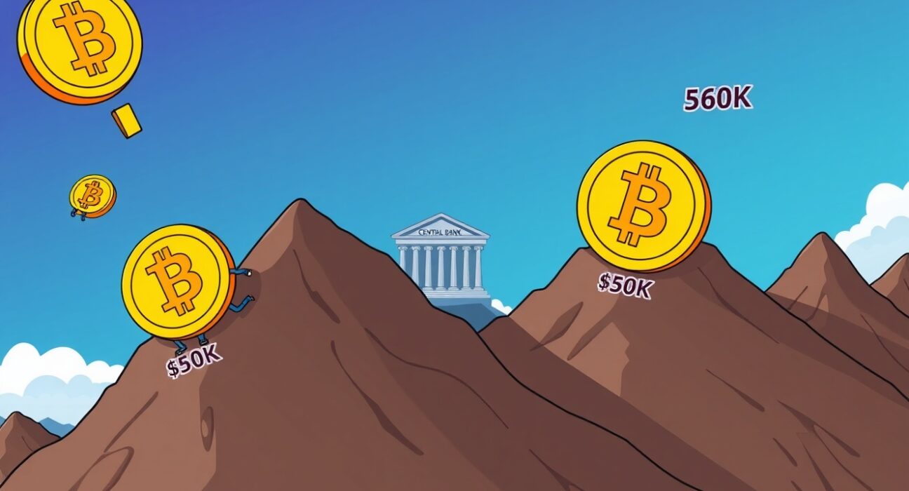 Bitcoin price prediction showing coins climbing toward $60K-$80K range with Federal Reserve influence