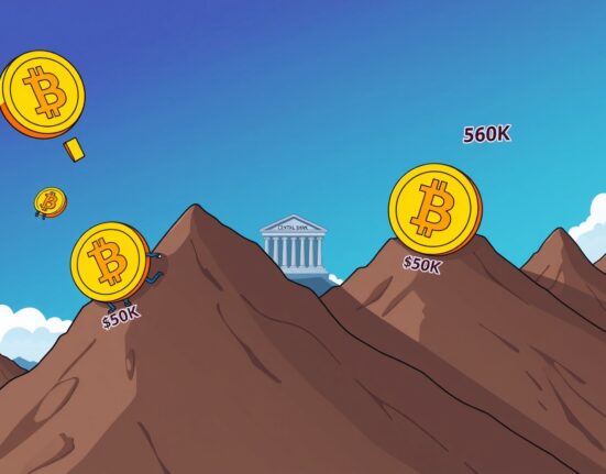 Bitcoin price prediction showing coins climbing toward $60K-$80K range with Federal Reserve influence
