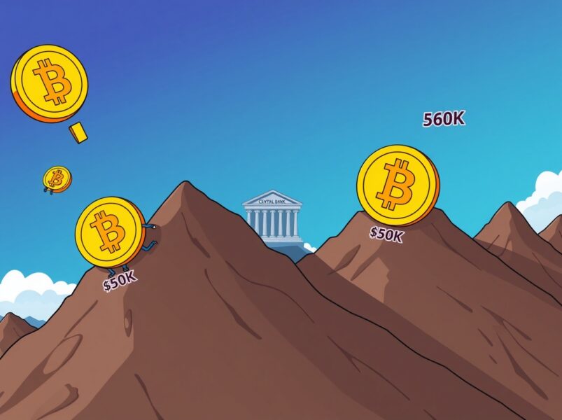 Bitcoin price prediction showing coins climbing toward $60K-$80K range with Federal Reserve influence