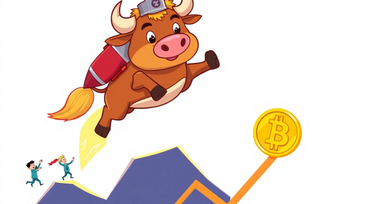 A cartoon bull with rocket boosters leaps towards a Bitcoin price prediction target on a chart.