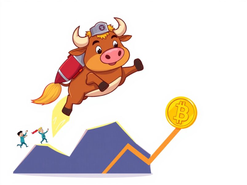 A cartoon bull with rocket boosters leaps towards a Bitcoin price prediction target on a chart.