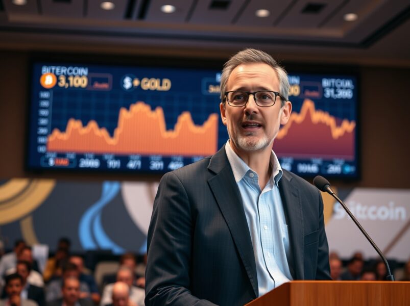 Blockstream CEO Adam Back presents Bitcoin price analysis comparing cryptocurrency to gold market capitalization at Miami conference