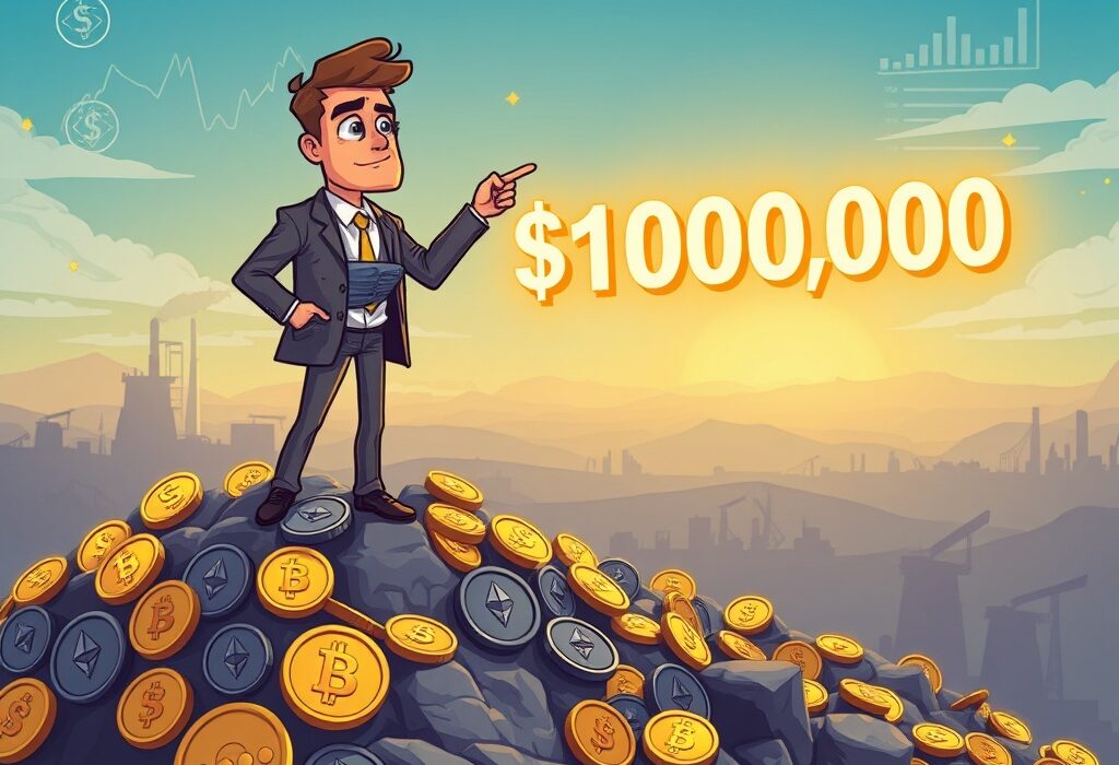 A cartoon depicting a confident figure forecasting a high Bitcoin price prediction, illustrating future crypto market optimism.