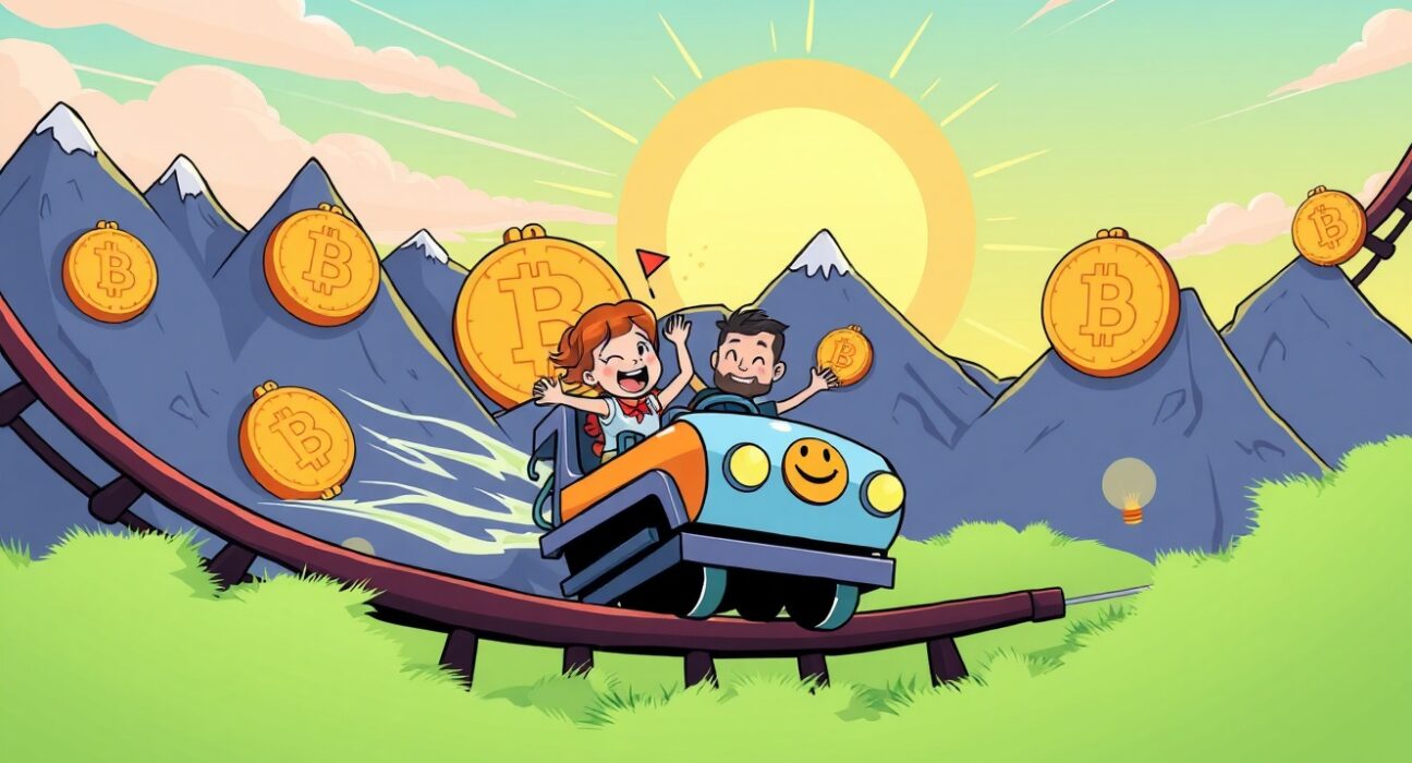 Cartoon illustration showing Arthur Hayes confidently predicting a massive Bitcoin price prediction amidst rising US debt and soaring crypto values.