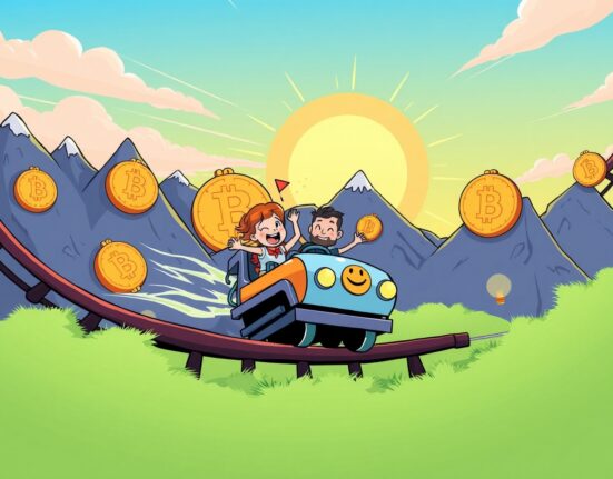 Cartoon illustration showing Arthur Hayes confidently predicting a massive Bitcoin price prediction amidst rising US debt and soaring crypto values.