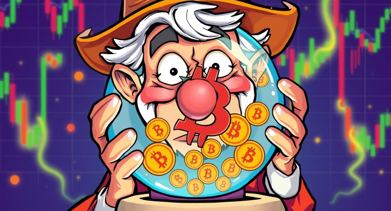 Bitcoin price prediction visualized through fortune teller with crystal ball showing market fluctuations