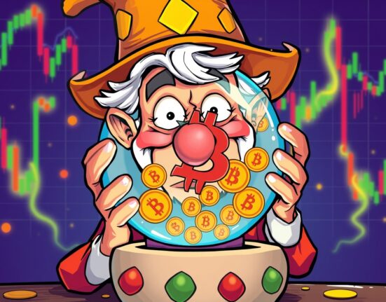 Bitcoin price prediction visualized through fortune teller with crystal ball showing market fluctuations