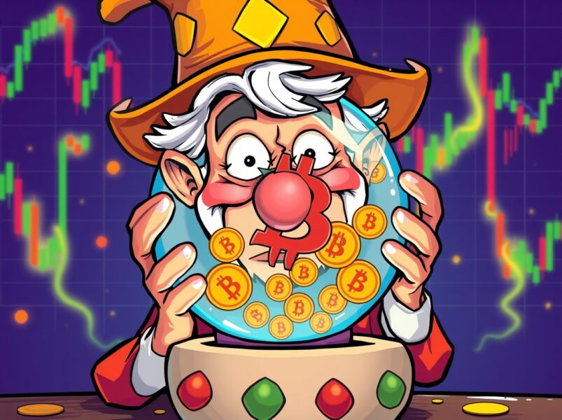 Bitcoin price prediction visualized through fortune teller with crystal ball showing market fluctuations