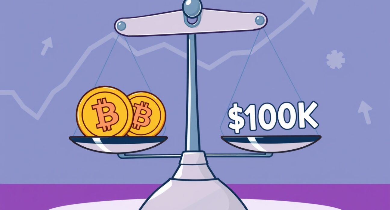 Cartoon illustration of a digital scale showing Bitcoin price prediction odds, with $100K slightly outweighing the upward potential.