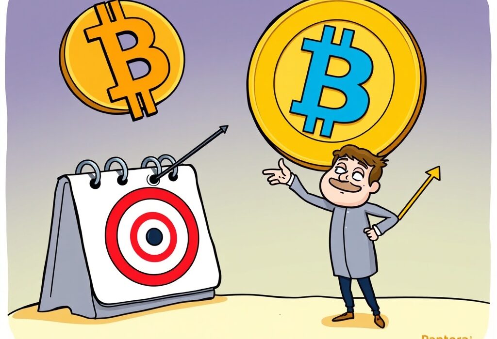 A cartoon illustration depicting a successful Bitcoin price prediction, with the BTC symbol hitting a target, emphasizing the accuracy of the forecast.