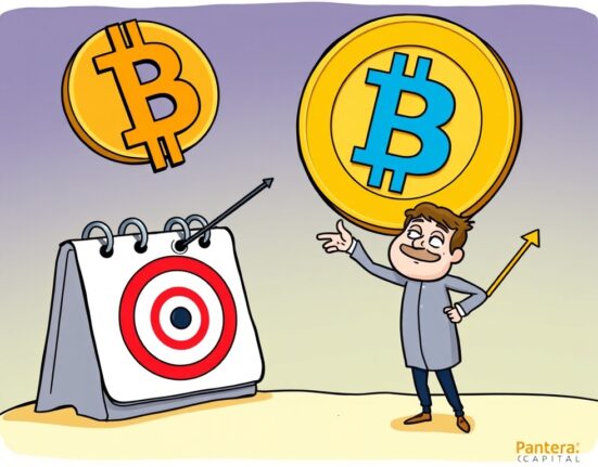 A cartoon illustration depicting a successful Bitcoin price prediction, with the BTC symbol hitting a target, emphasizing the accuracy of the forecast.