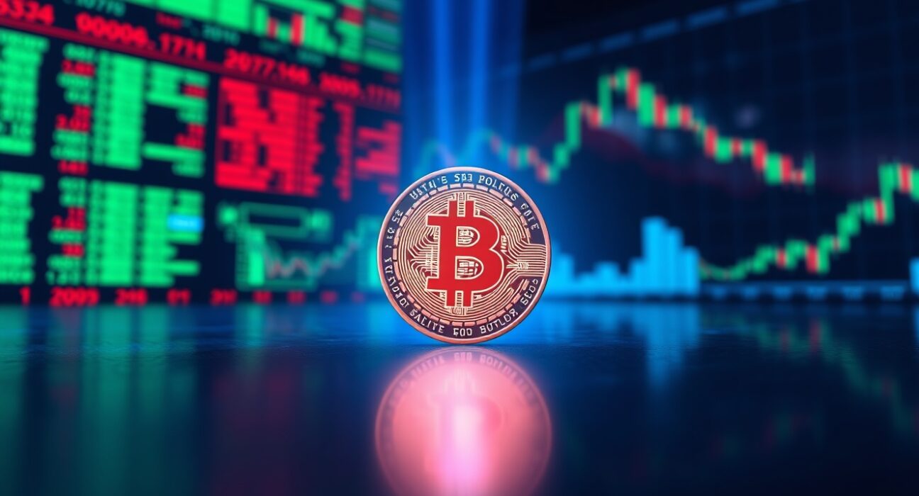 Bitcoin coin on a trading floor background representing passive fund inflows driving price to $105K this summer.