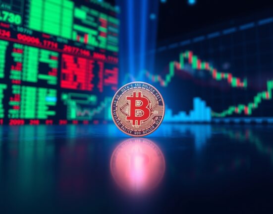 Bitcoin coin on a trading floor background representing passive fund inflows driving price to $105K this summer.