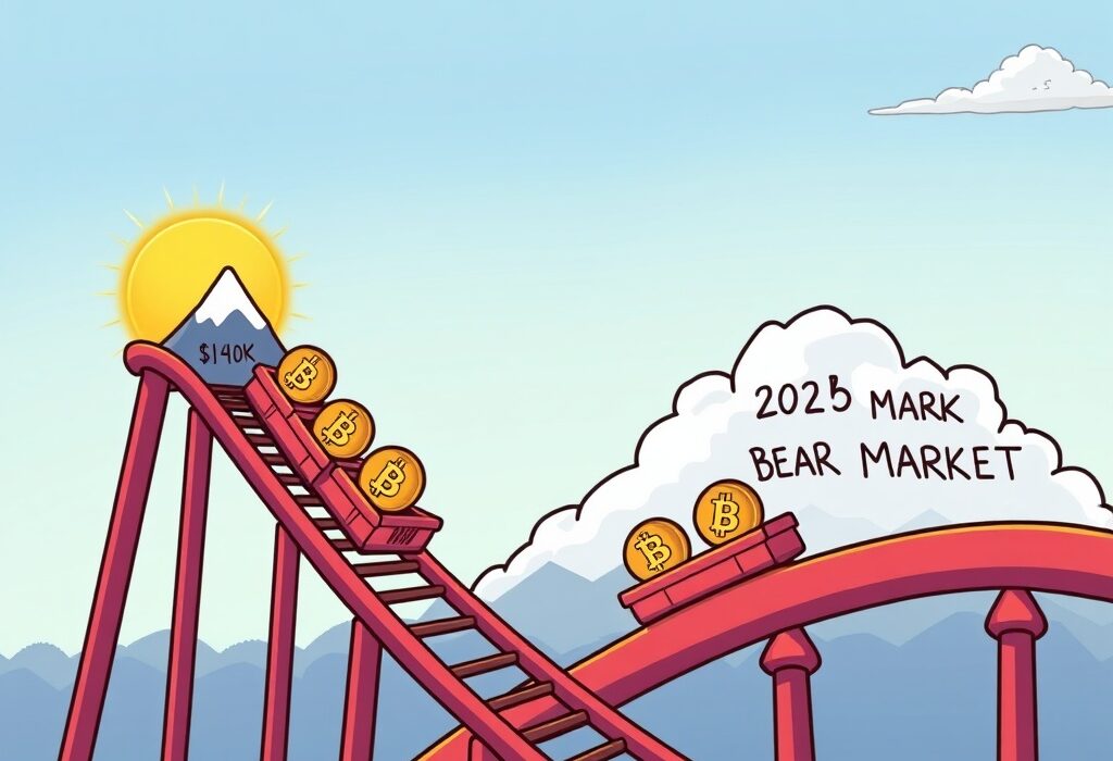 A cartoon illustration showing the projected journey of Bitcoin price prediction, peaking at $140K before a downturn.