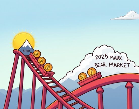 A cartoon illustration showing the projected journey of Bitcoin price prediction, peaking at $140K before a downturn.