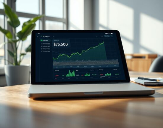 Bitcoin price prediction dashboard showing a chart trending toward the $75,000 level on Polymarket.