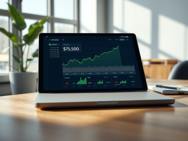 Bitcoin price prediction dashboard showing a chart trending toward the $75,000 level on Polymarket.