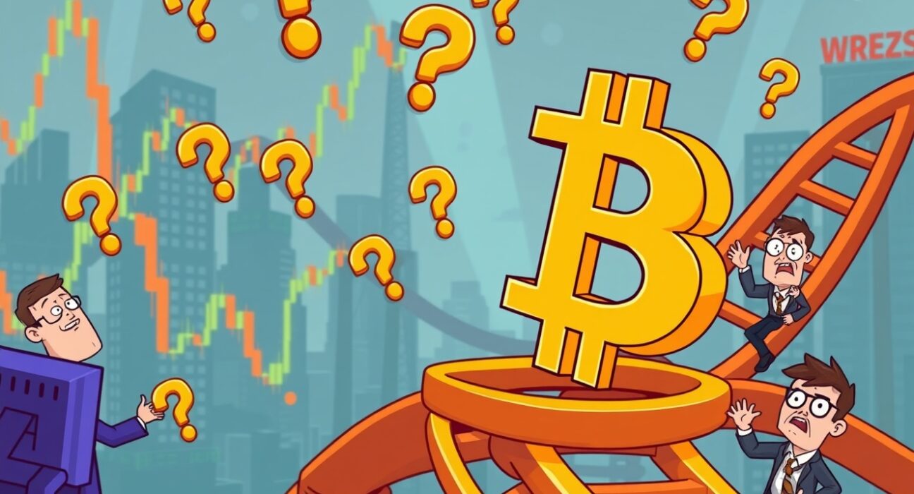 Bitcoin price prediction rollercoaster with market uncertainty and trading symbols