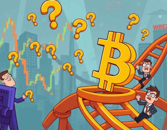Bitcoin price prediction rollercoaster with market uncertainty and trading symbols