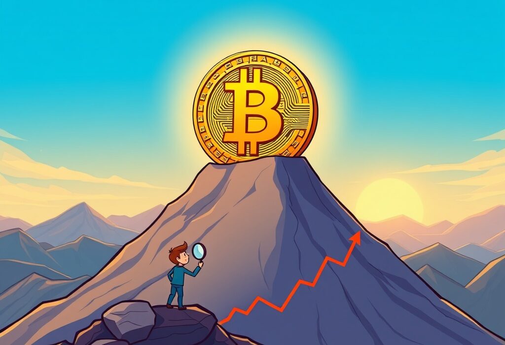 A cartoon illustration depicting an analyst looking at a chart, with a Bitcoin coin on a mountain peak, symbolizing a potential Bitcoin price prediction and future market high.