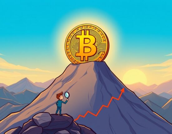 A cartoon illustration depicting an analyst looking at a chart, with a Bitcoin coin on a mountain peak, symbolizing a potential Bitcoin price prediction and future market high.