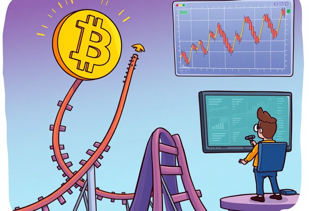 A dynamic cartoon showing a Bitcoin symbol on a rollercoaster, illustrating the predicted Bitcoin price prediction rallies before a market correction.