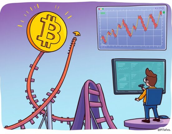 A dynamic cartoon showing a Bitcoin symbol on a rollercoaster, illustrating the predicted Bitcoin price prediction rallies before a market correction.