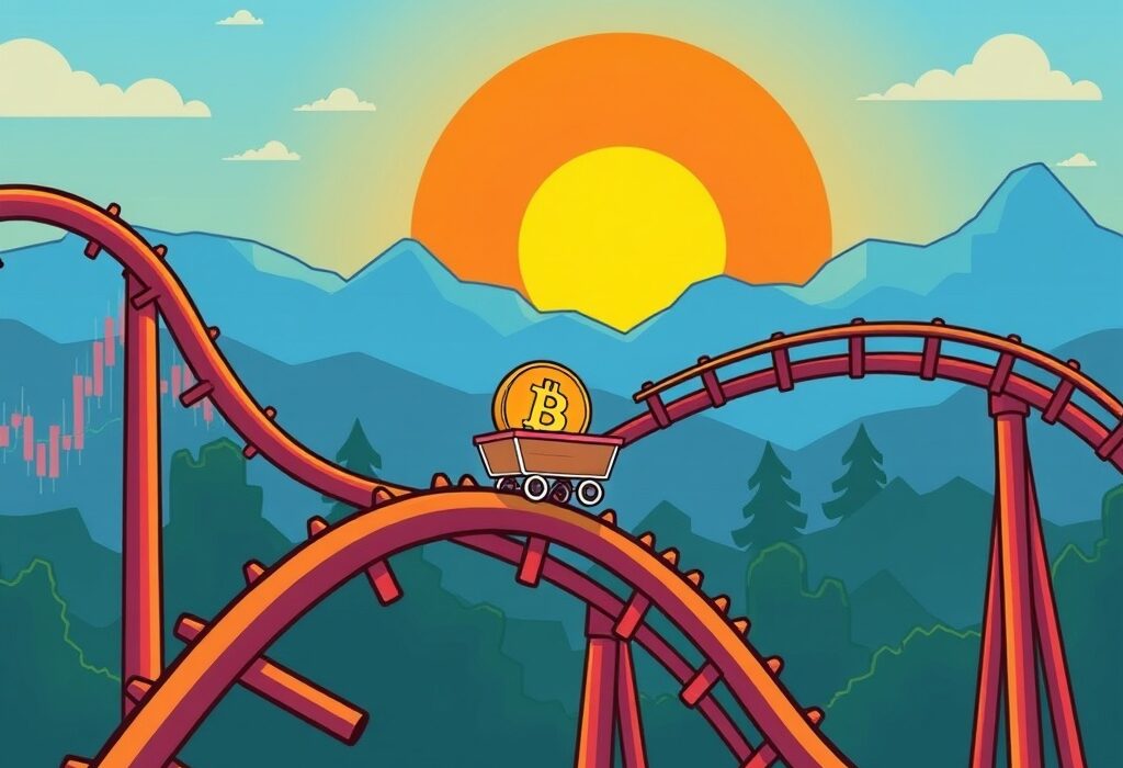 A cartoon illustration showing the journey of Bitcoin, symbolizing a brief dip before a significant upward trend, aligning with the Bitcoin price prediction.