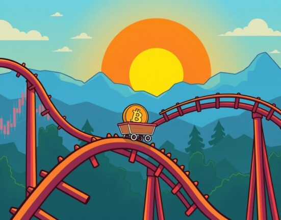 A cartoon illustration showing the journey of Bitcoin, symbolizing a brief dip before a significant upward trend, aligning with the Bitcoin price prediction.